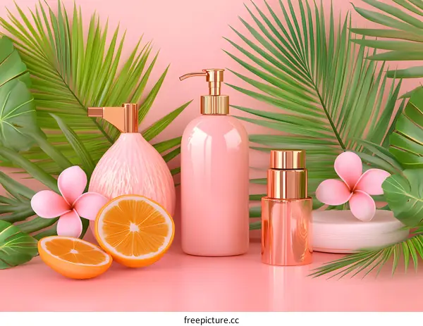 Pink and Green Tropical Bottles of  Beauty Products