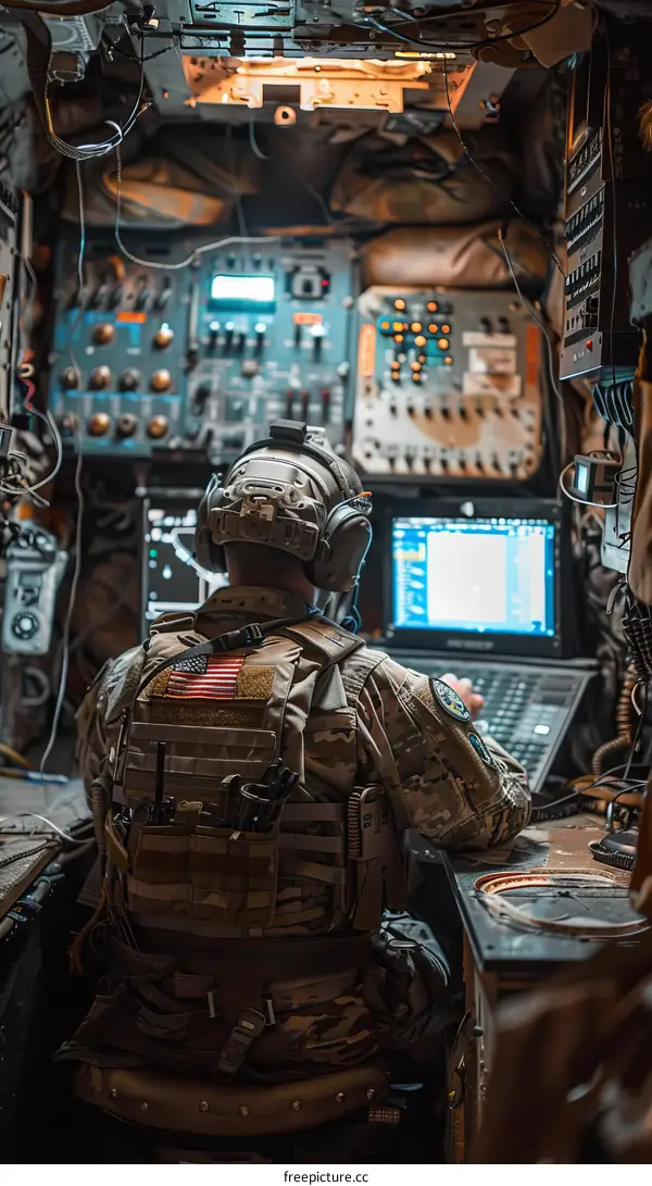 A soldier works at a computer station in the back of an aircraft.