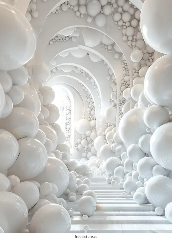 Abstract White Sci-fi Tunnel with Arches and Geometric Spheres