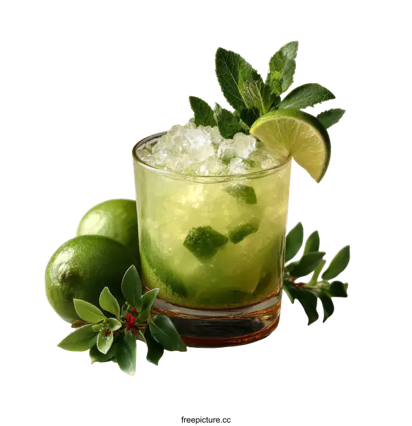 [Transparent Background PNG]Refreshing Caipirinha Cocktail with Lime and Mint