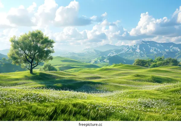 Rolling Green Hills with a Solitary Tree and Blooming Flowers
