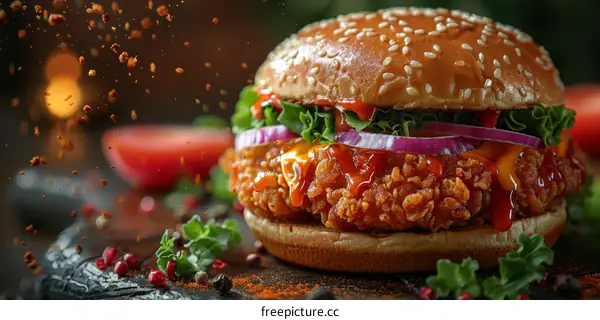 Crispy fried chicken sandwich with lettuce, tomato and onion