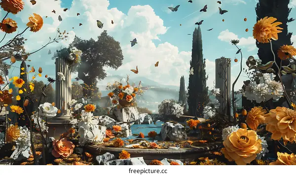 Surreal Garden with Butterflies and Flowers