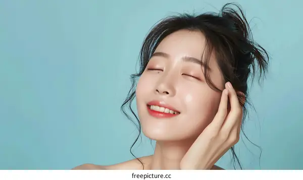 Beautiful Asian Woman Portrait with Blue Background