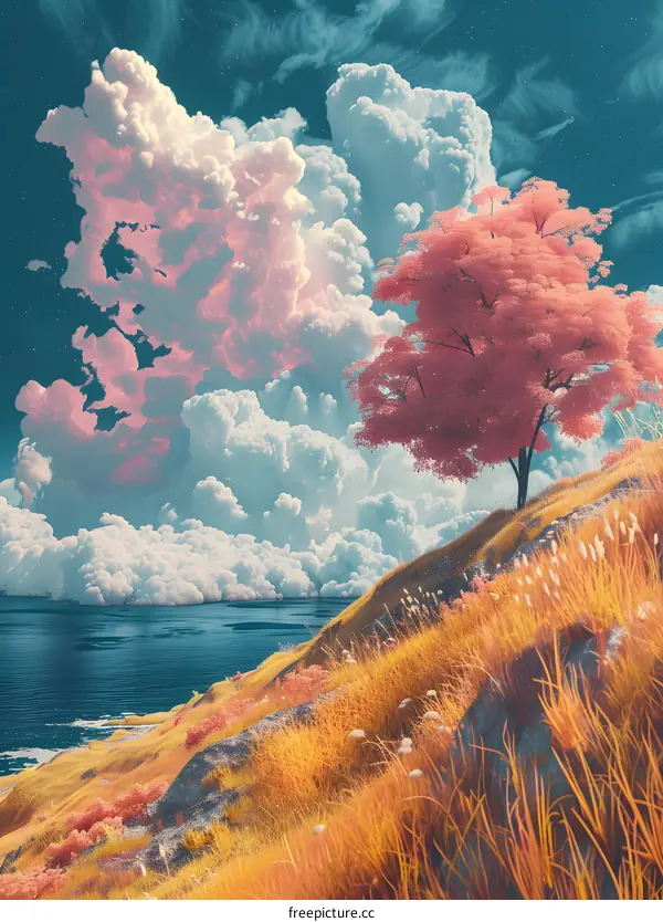 Pink clouds and a pink tree