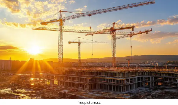 Construction Site at Sunset with Cranes