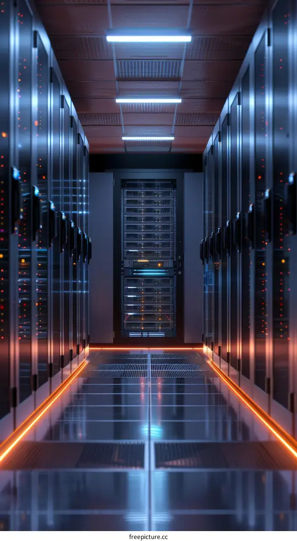 Futuristic data center with rows of server racks and bright orange glowing lights