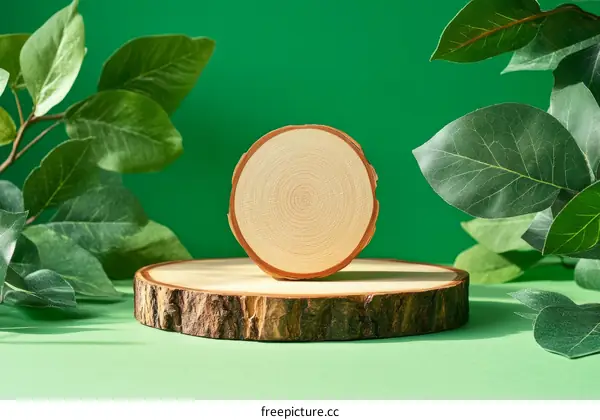 Wooden Slice Display Against Green Background