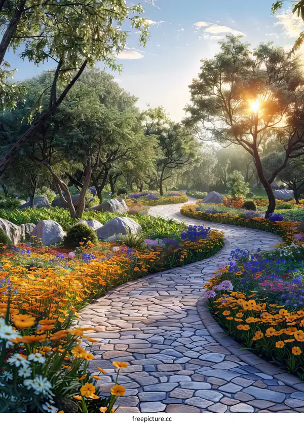Stone path in a blooming garden with trees and flowers under the sunset