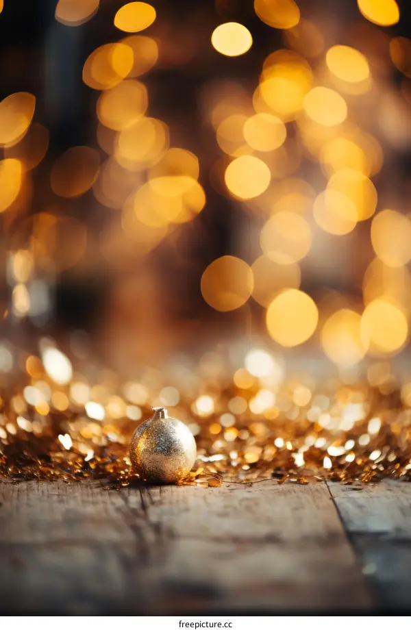 A golden Christmas ball on a wooden table with a blurred background of golden lights