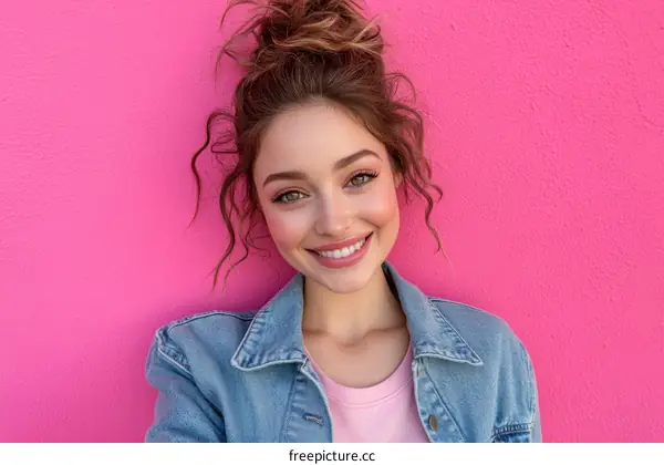Happy Young Woman Smiling Against a Pink Wall