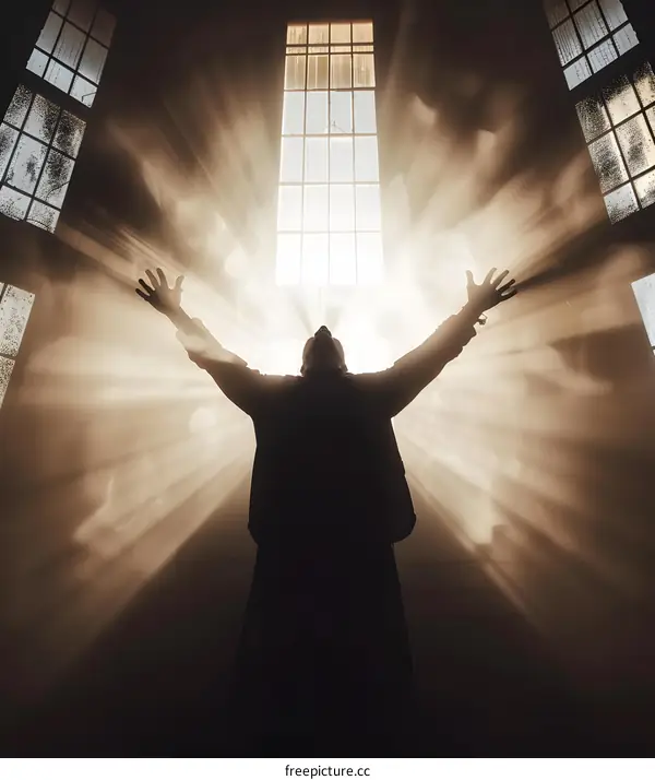 Man Silhouette With Arms Raised Up To The Light In A Window