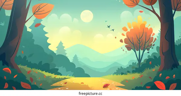 Autumn Forest Landscape with Path and Mountains