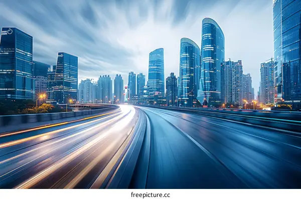 Expressway at Night in the City with Blurred Light Trails