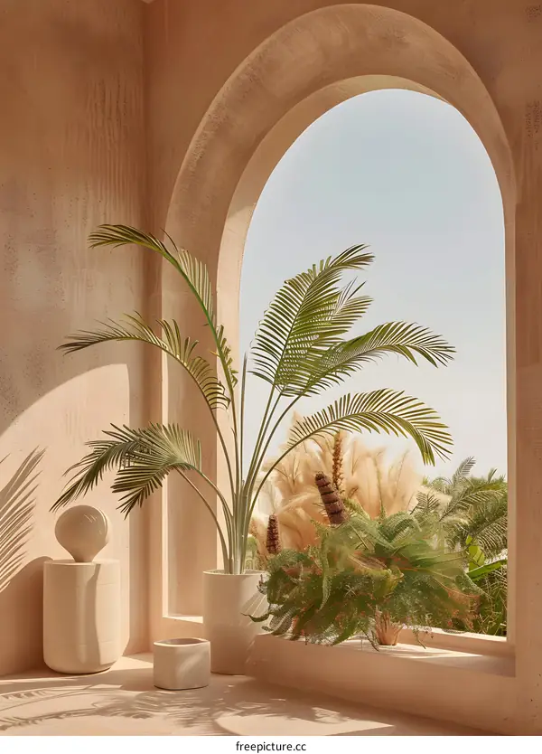 Minimalist Home Decor with Palm Trees and a Stone Archway