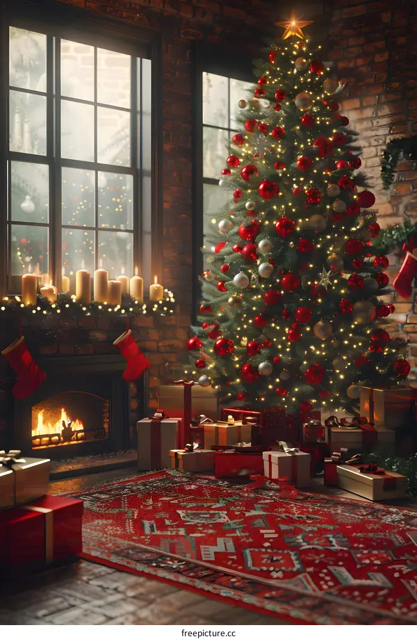 Beautifully decorated Christmas tree by the fireplace