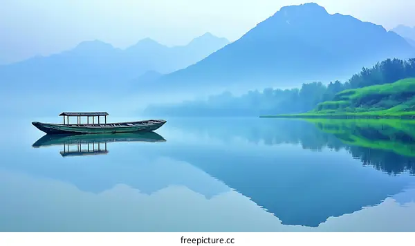 Peaceful Mountain Lake Scenery with a Traditional Boat