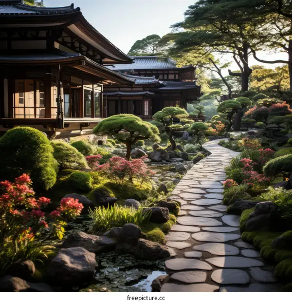 Japanese Garden with a Stone Path
