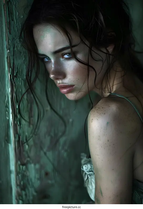 Portrait of a young woman with green paint on her face