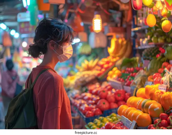 Asian woman wearing a mask shopping for groceries at a local market