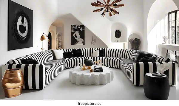 Modern Stylish Black and White Striped Corner Sofa Living Room