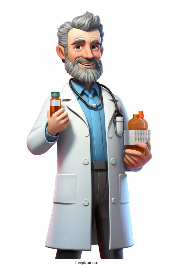 A friendly cartoon doctor holding a bottle of medicine