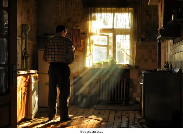 Man standing in a rundown kitchen