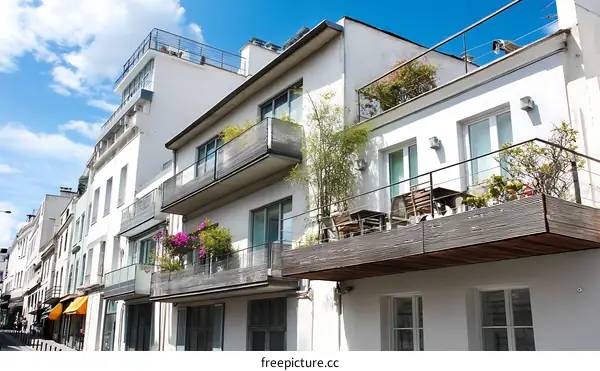 European City Street Facades with Balconies