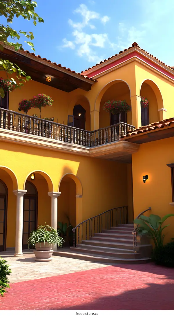 Yellow Spanish Style Home With Patio And Stairs