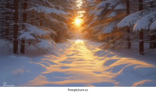 The sun shines through the snow covered trees in the forest