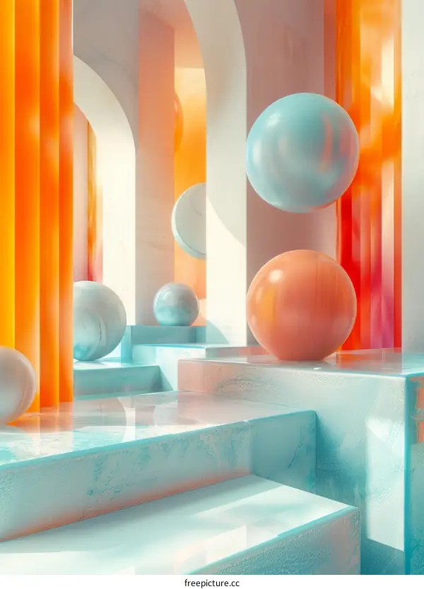 Surreal 3D Space with Floating Spheres and Arches
