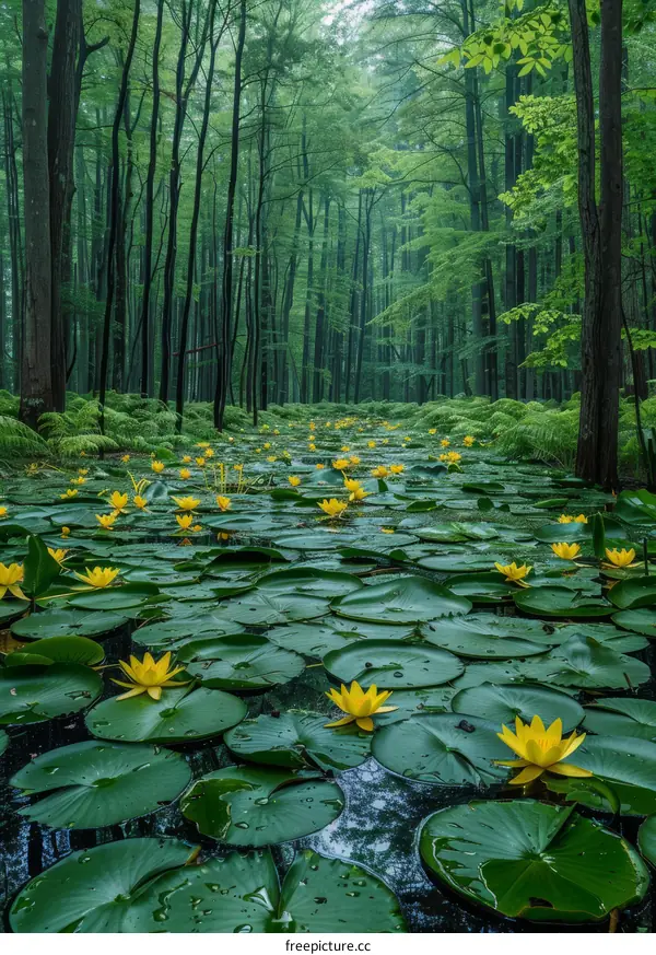 Mystical Water Lily Pond in a Lush Green Forest