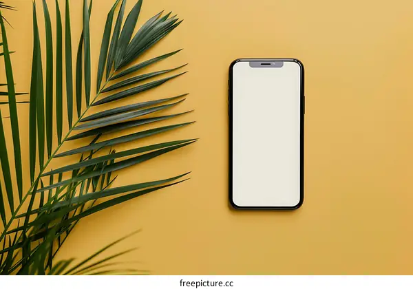 Minimalist Phone Mockup with Palm Leaf on Yellow Background