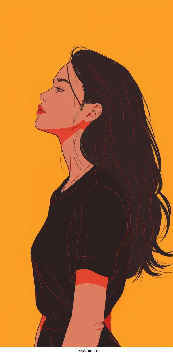 A young woman with long dark hair is standing in front of a yellow background.