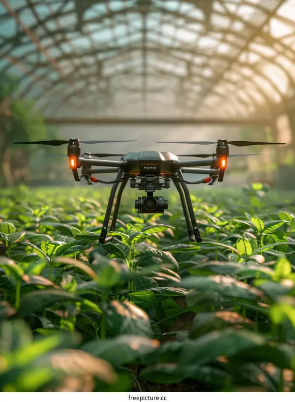 An autonomous drone is flying over a lush green field capturing images of the plants growing in the field