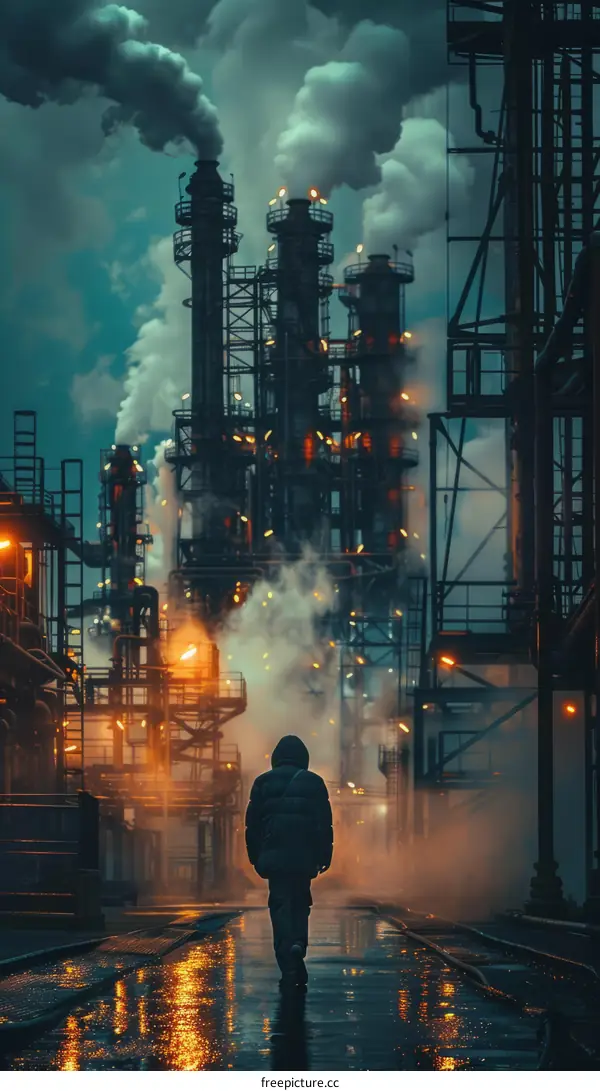 A lone figure walks through a post-apocalyptic industrial landscape