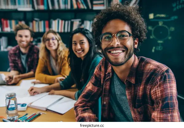 Diverse Group of Students Collaborating in a Library Setting
