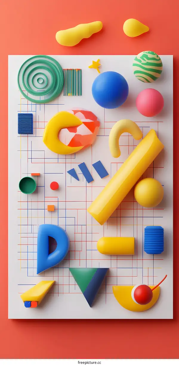 Colorful Abstract 3D Shapes and Geometric Patterns on White Paper