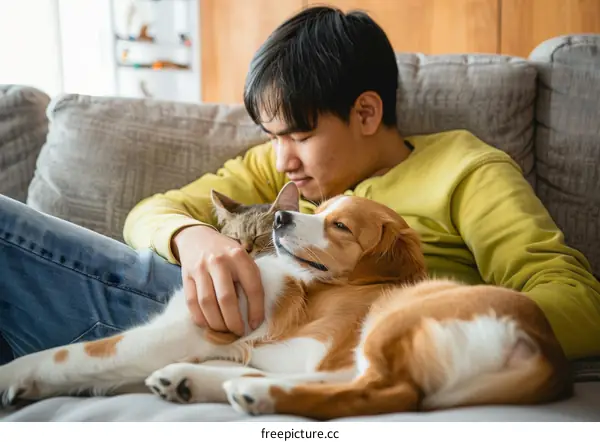 A young man is sitting on a couch with a cat and a dog.