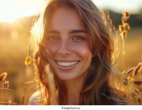 Beautiful Woman Smiling in Golden Field