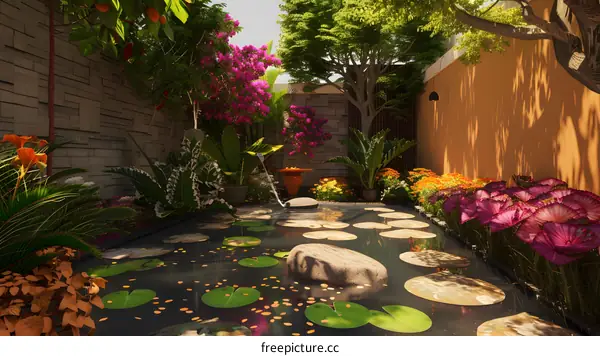 Garden Pond with Stone Path and Lush Greenery