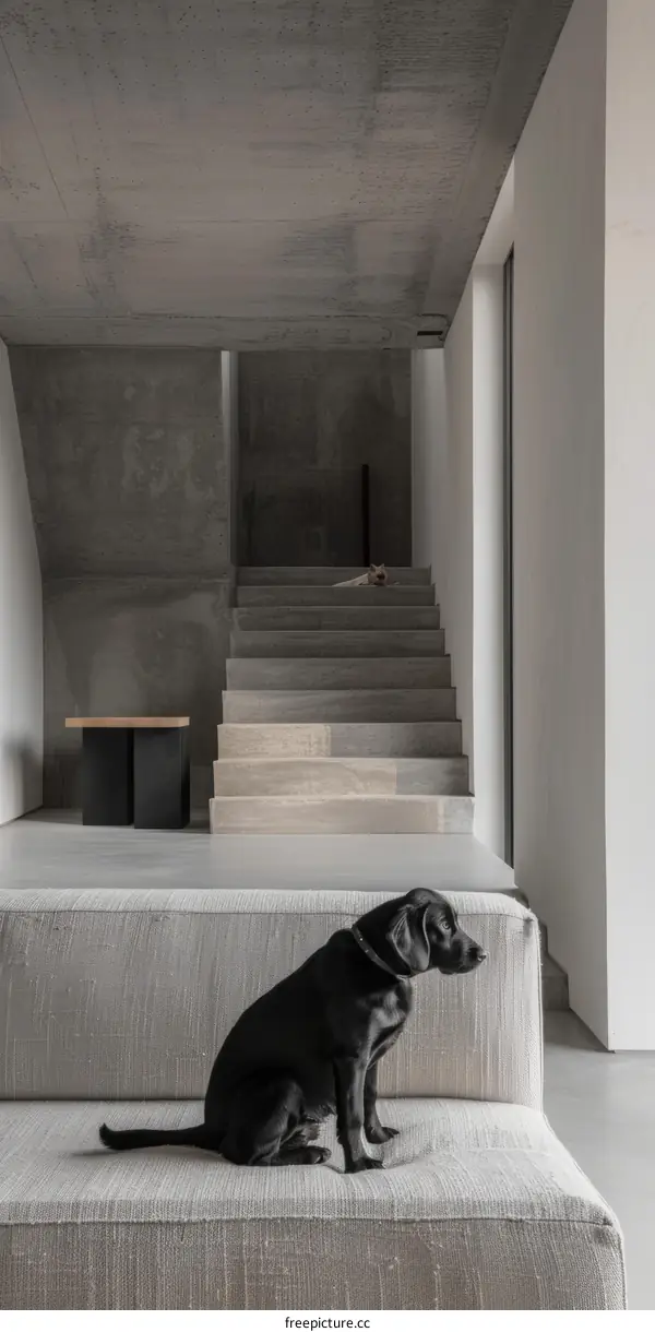 A Modern Living Room with a Black Dog Sitting on a White Sofa