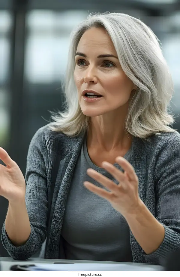 Portrait of a Woman Talking with Passion in an Office Setting