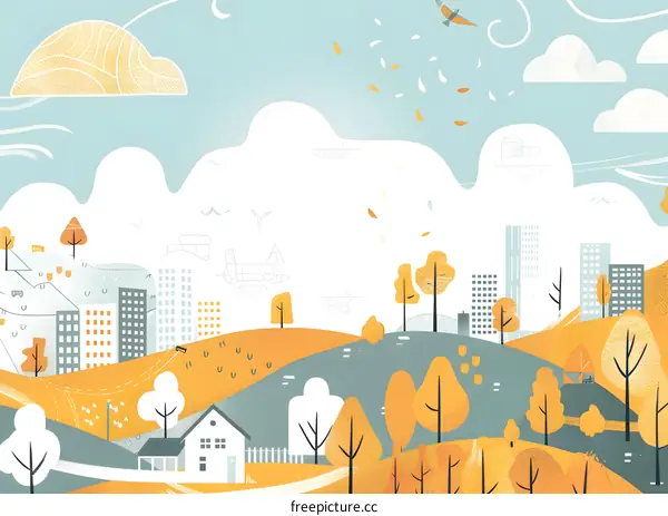 Abstract Illustration Of Cityscape With Trees And Yellow Leaves