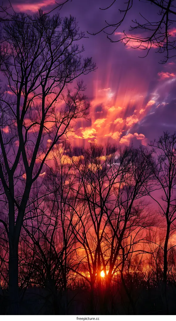 Silhouettes of Trees Against a Vibrant Sunset Sky