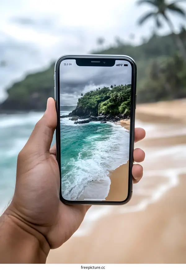 Hand Holding Smartphone with Beach Scene