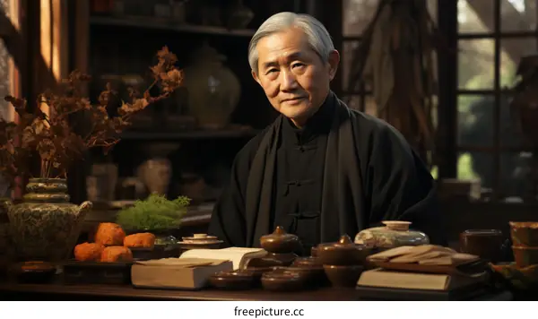 Portrait of an Elderly Chinese Man in Traditional Clothing