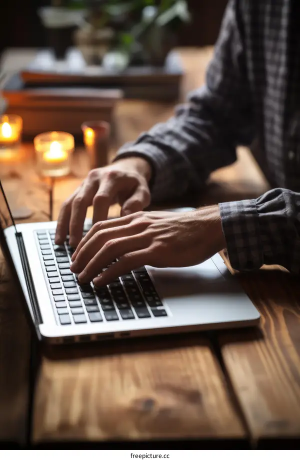 Man typing on laptop keyboard in dimly lit room