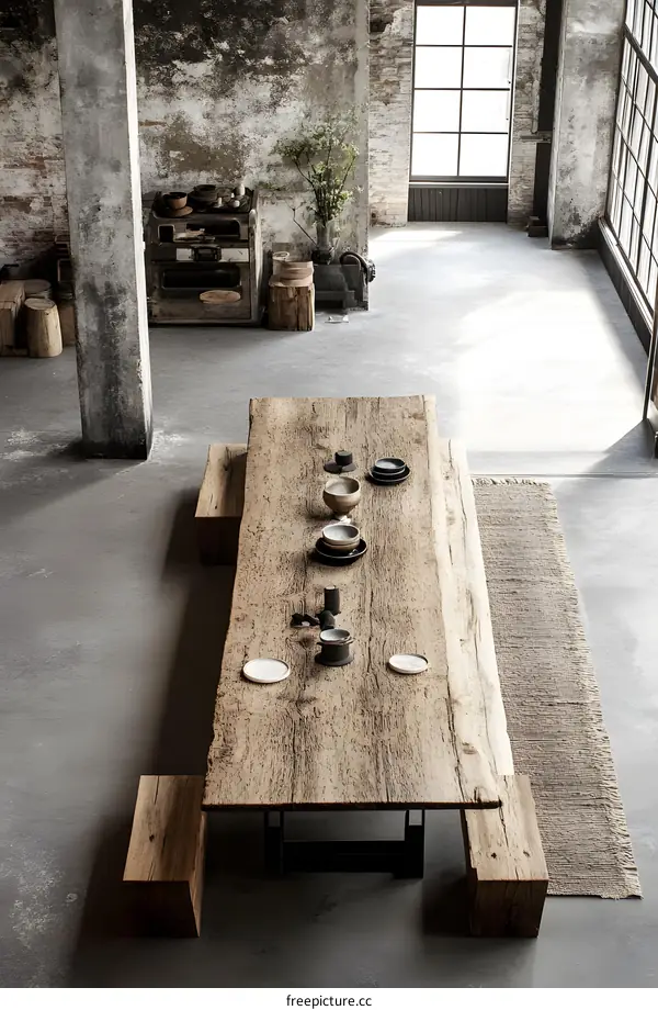 Rustic Wooden Dining Table with Concrete Floor and Brick Walls in a Loft Setting