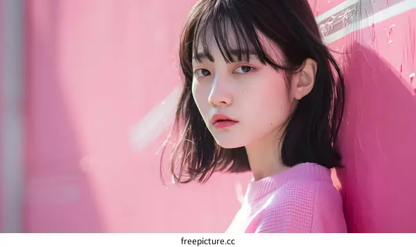 Portrait of a Young Woman with Short Black Hair Against Pink Wall